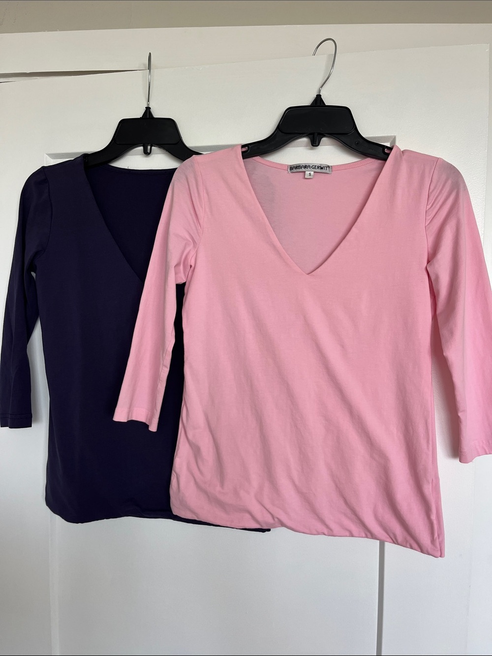 Two Barbara Gerwit Women’s 3/4 Sleeve V-Neck Tops - Pink & Navy (lined front)